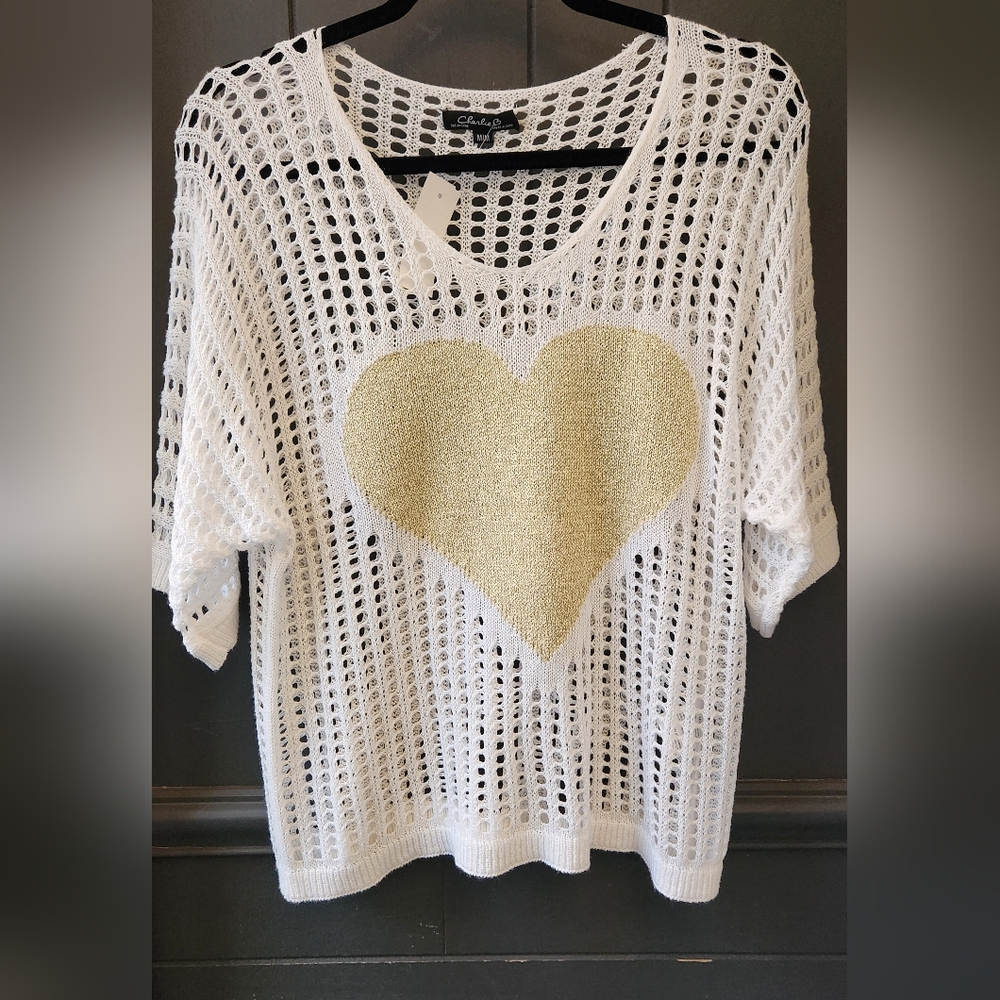CHARLIE B White Open-Knit Sweater with Gold Heart